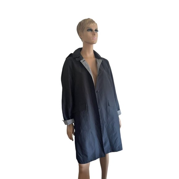 Sanyo Long Sleeve Button Closure Hood Houndstooth Trench Coat Jacket Black - 12 - Picture 2 of 12